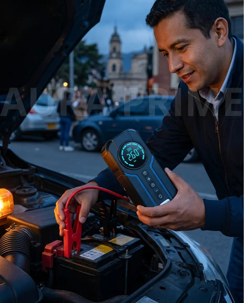 Arrancador 4 en 1 portátil conectado a la batería de un carro, arrancando el motor en segundos sin chispas