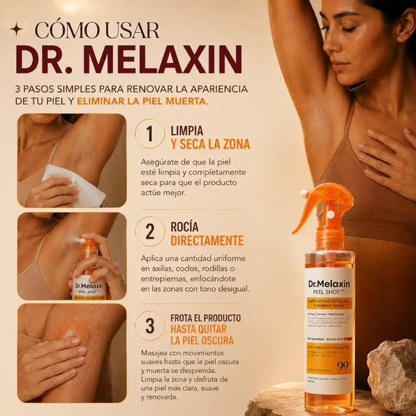 Manos rociando el spray exfoliante coreano en el cuello para unificar el tono de la piel