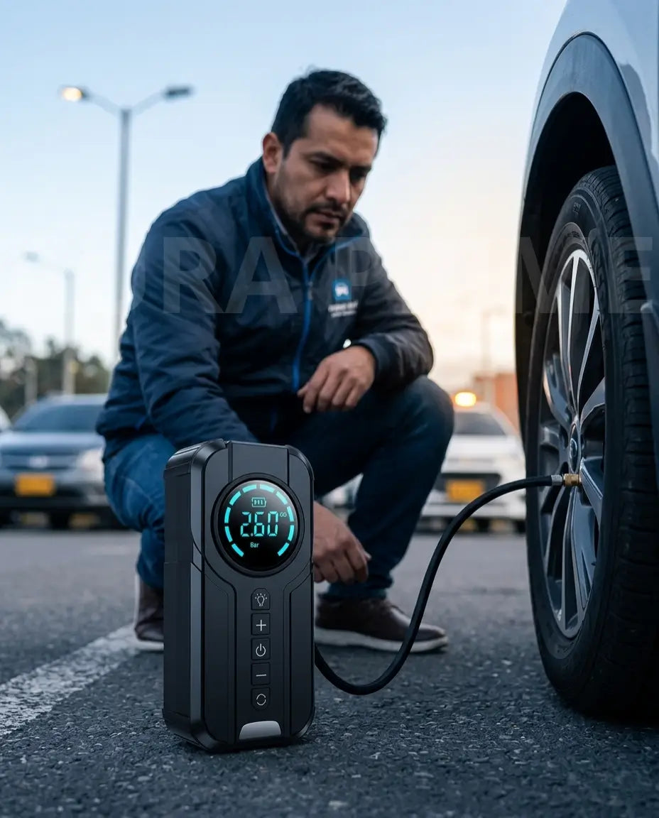 Arrancador 4 en 1 cargando un celular por USB en plena carretera