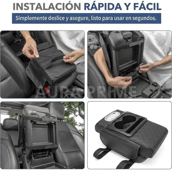 Portavasos doble desplegable de la consola sosteniendo dos bebidas en la cabina del carro