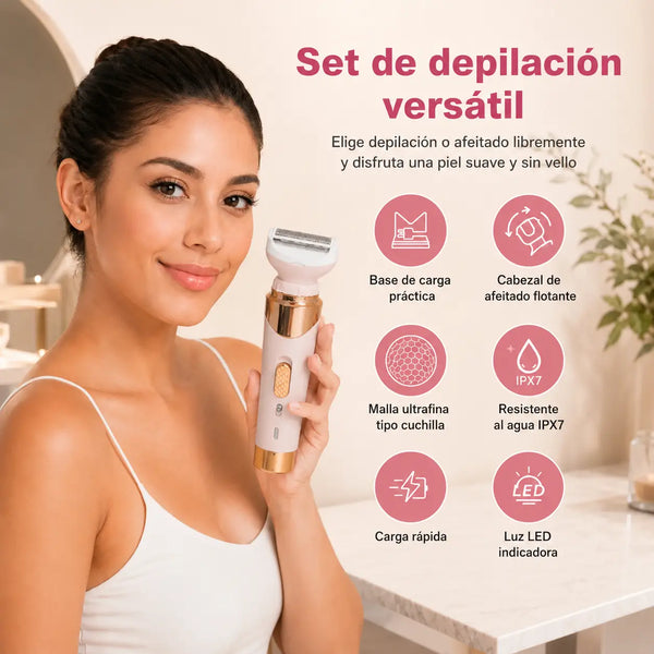 Mujer usando la depiladora ProGemeii en la pierna dentro de la ducha