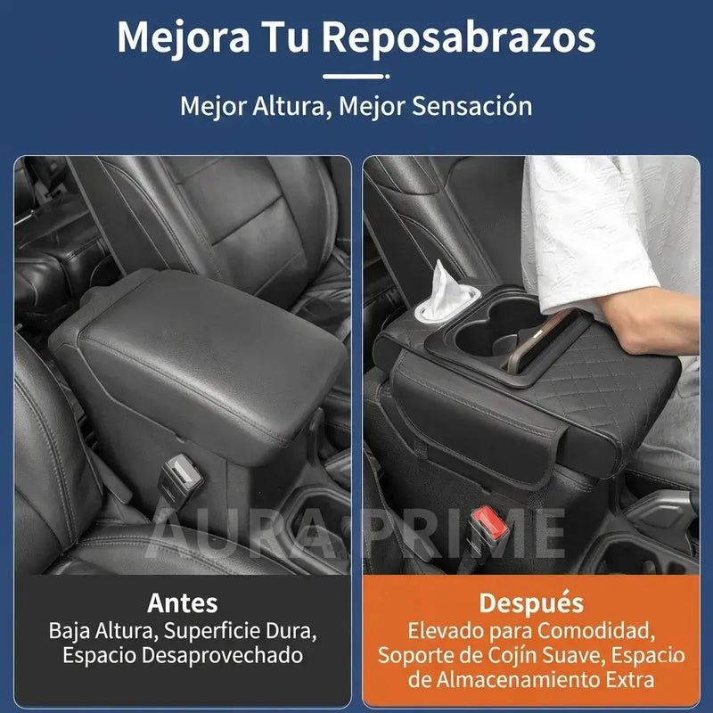 Antes: cabina desordenada con objetos sueltos / Después: cabina ordenada con la consola instalada