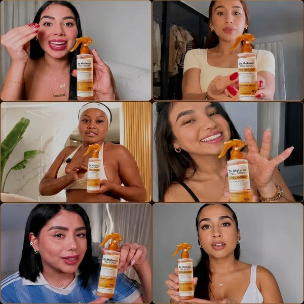 Mujer aplicando el spray exfoliante en los codos para atenuar zonas de tono desigual