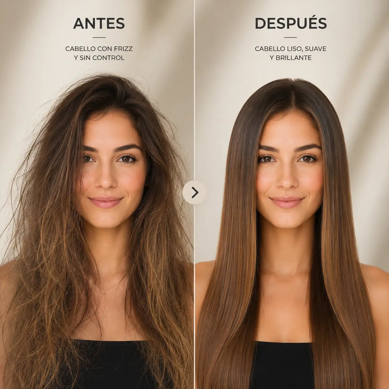 Antes: cabello esponjado con frizz / Después: cabello liso y brillante con el cepillo alisador