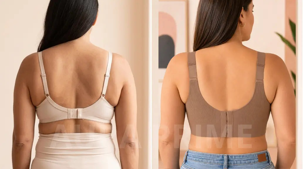 Comparación antes y después: espalda con rollitos marcados vs. espalda lisa con brasier sin varillas