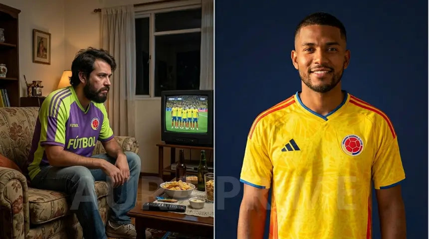 Antes: hincha sin camiseta Colombia, fuera de la foto del grupo. Después: de amarillo con los parceros en el parche viendo a la Selección