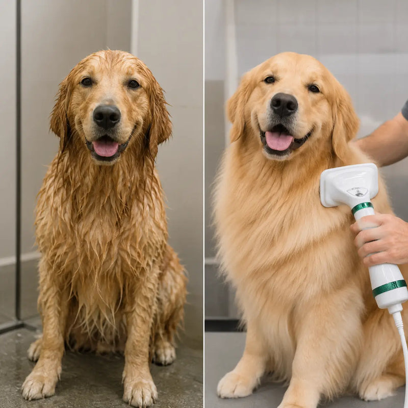 Antes: perro con pelo mojado y enredado / Después: pelaje seco, suave y brillante