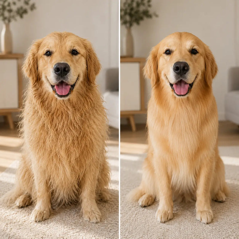 Antes: pelaje enredado y opaco de un perro / Después: pelaje suave y sin pelo suelto