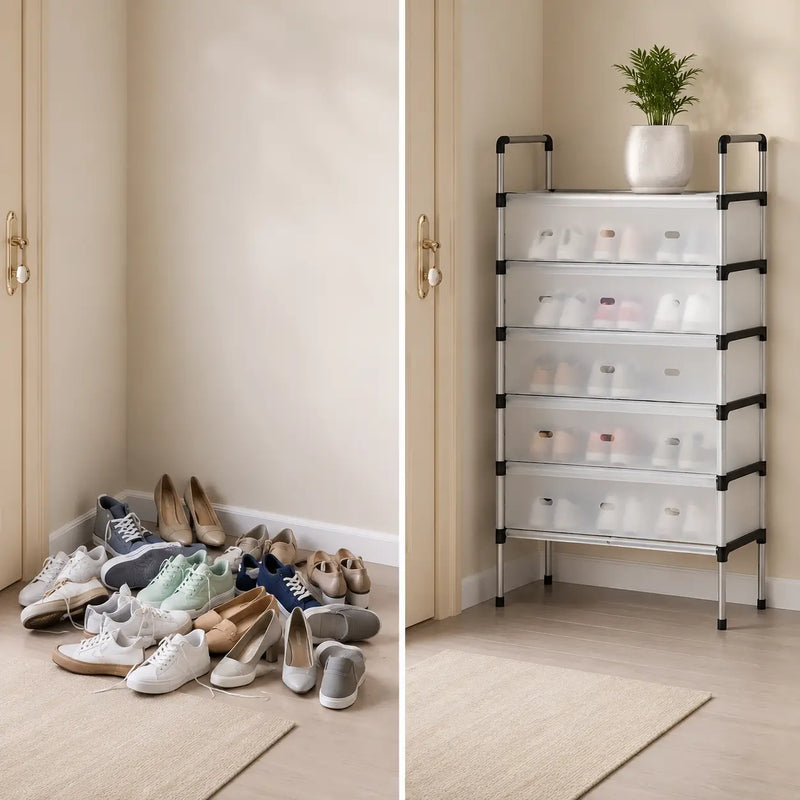 Antes: zapatos regados en el piso de la entrada / Después: entrada despejada con el zapatero modular contra la pared