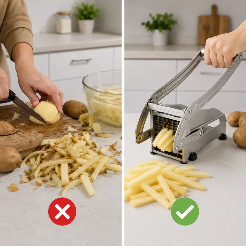 Antes: papa picada a cuchillo en trozos desiguales / Después: bastones parejos salidos del cortador