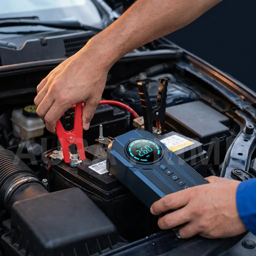 Los 4 pasos para usar el Arrancador 4 en 1: conectar pinzas, arrancar motor, inflar llanta y guardar cargado