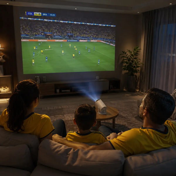 Pareja joven viendo Netflix en pantalla gigante proyectada en la pared de su cuarto a oscuras