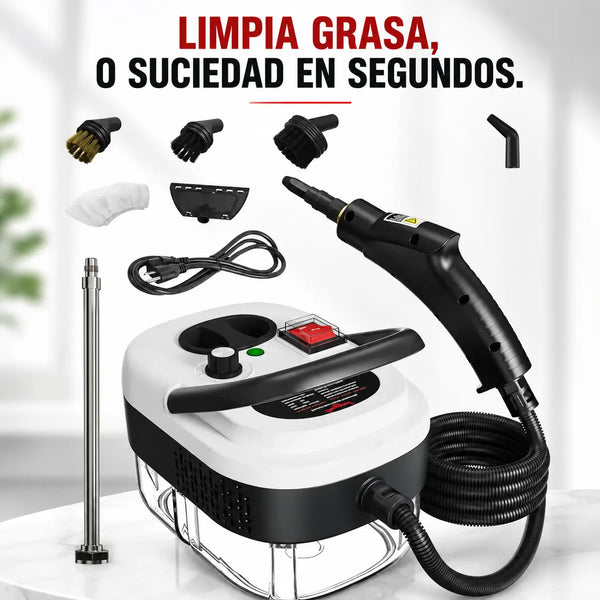 Limpiador a vapor portátil sin químicos soltando vapor sobre la estufa de una cocina colombiana