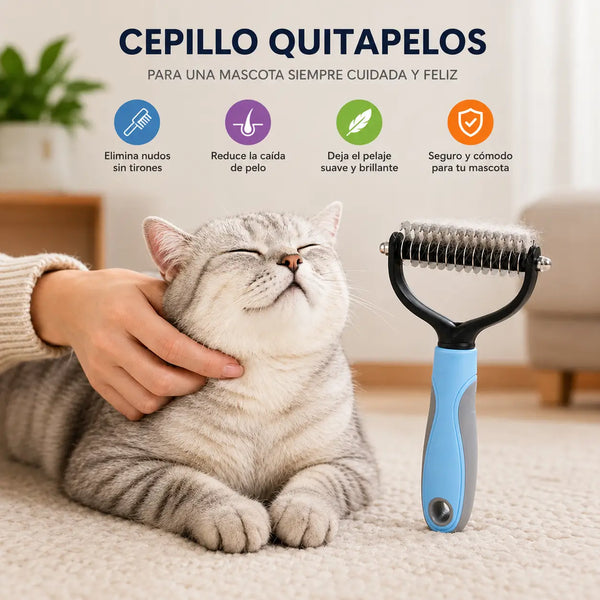 Cepillo desenredante 2 en 1 para mascotas mostrando sus dos caras de dientes de acero