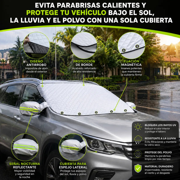 Protector Solar Parabrisas Carro plateado instalado por fuera del parabrisas de un carro parqueado al sol en Cali