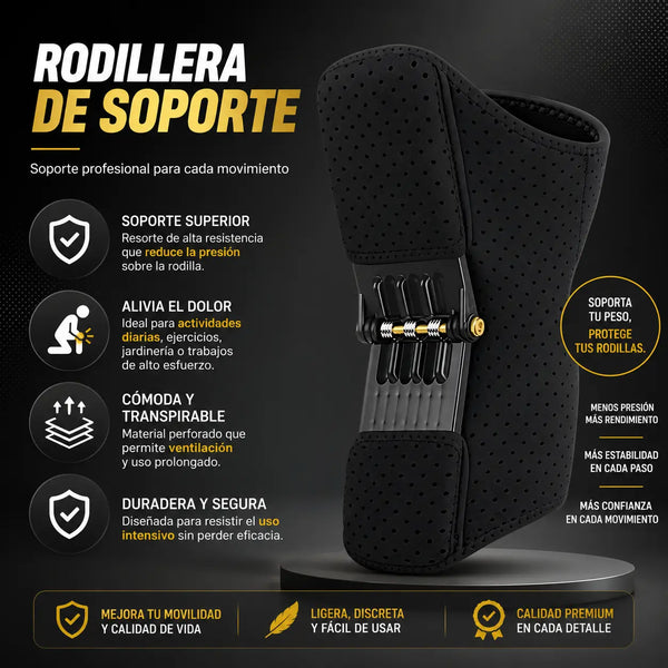 Rodillera ortopédica con soporte lateral de resortes puesta en la rodilla de una mujer mayor colombiana