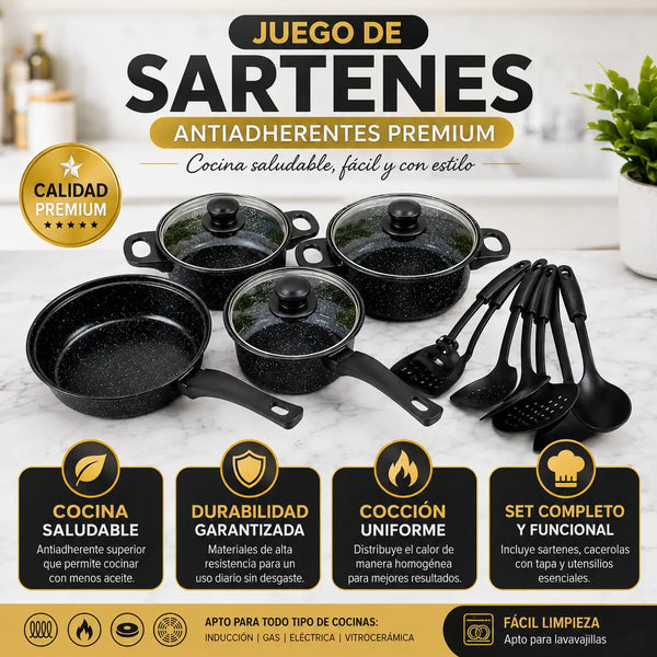 Juego de sartenes antiadherentes de 13 piezas completo sobre mesón de cocina colombiana