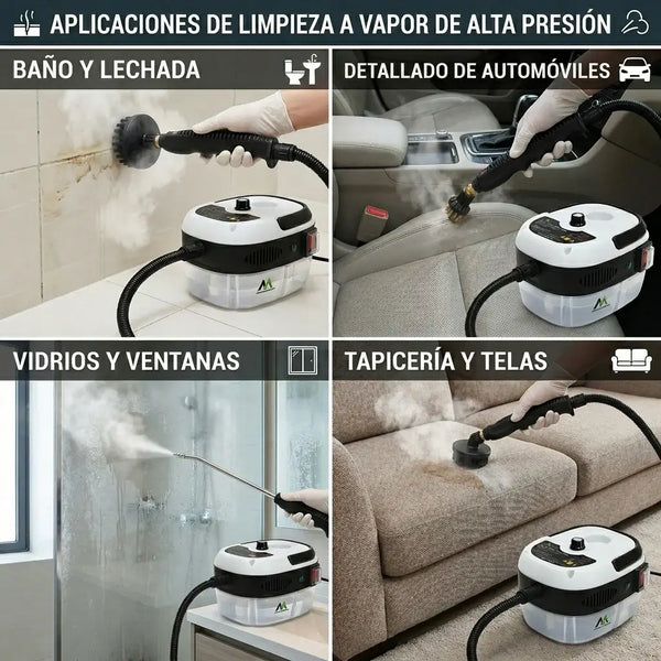 Boquilla del limpiador a vapor desprendiendo grasa de las juntas de la estufa sin químicos