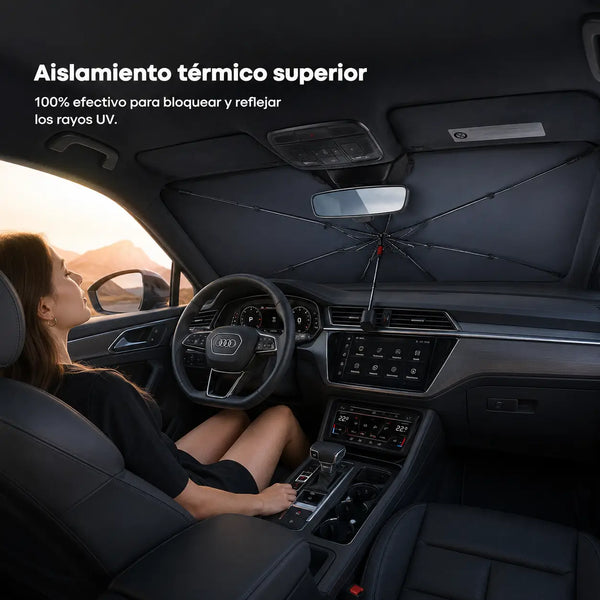 Conductor abriendo el parasol tipo paraguas en segundos dentro de su carro