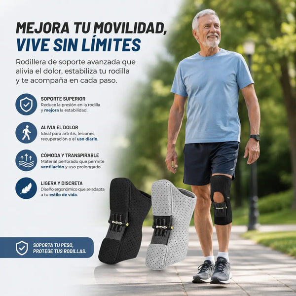 Detalle del velcro reforzado y los resortes laterales de metal de la rodillera ortopédica