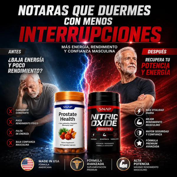 Combo Próstata más Óxido Nítrico de Aura Prime, los dos tarros juntos sobre la mesa de noche de un hombre mayor en Colombia