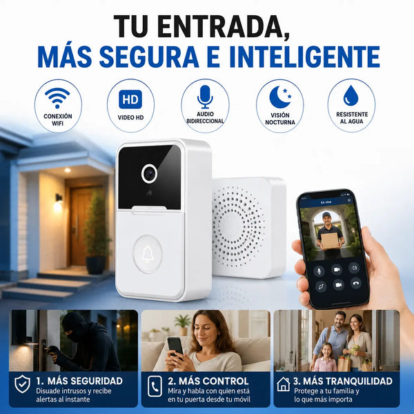 Mujer viendo en su celular quién toca la puerta con el timbre cámara HD