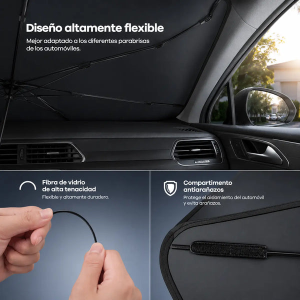 Detalle del eje de metal cromado de tres pliegues y el mango ergonómico del parasol