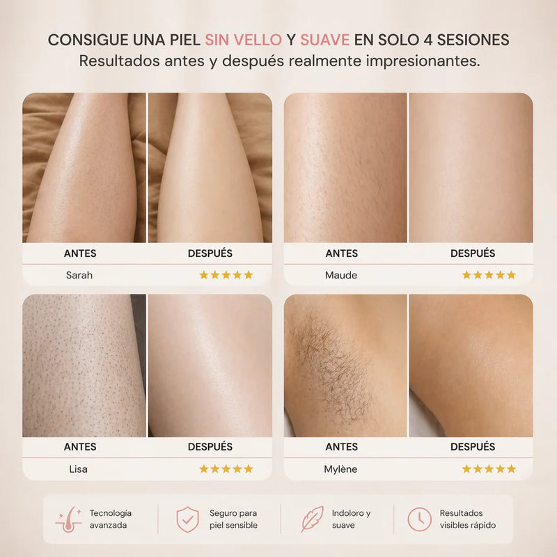 Antes: piel del bikini con foliculitis y puntos rojos / Después: piel suave y sin irritación