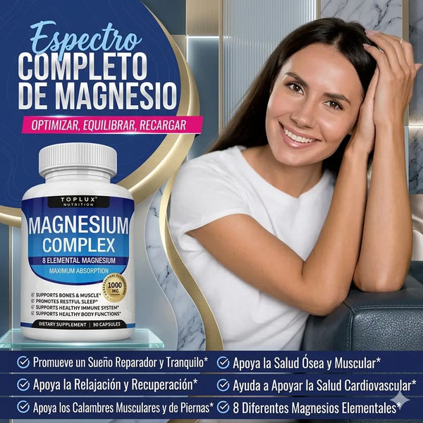 Detalle de las cápsulas de magnesio de alta absorción en la mano, con etiqueta Non-GMO y 1000 mg