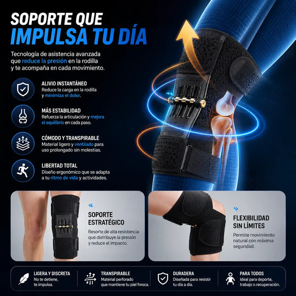 Mujer bajando escaleras con seguridad usando la rodillera ortopédica con soporte lateral