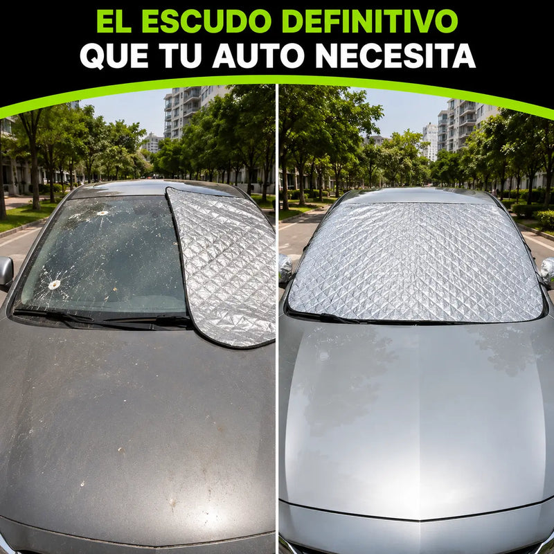 Antes: tablero cuarteado y parabrisas lleno de polvo tras horas al sol / Después: interior fresco y vidrio limpio con el protector puesto
