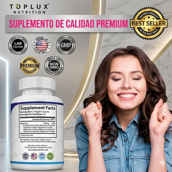 Etiqueta del frasco mostrando las 8 formas de magnesio y 60 cápsulas del suplemento Aura Prime