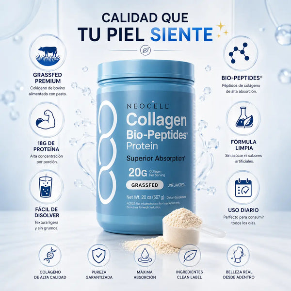Cucharada de 20 gramos de péptidos de colágeno Grass Fed junto al tarro