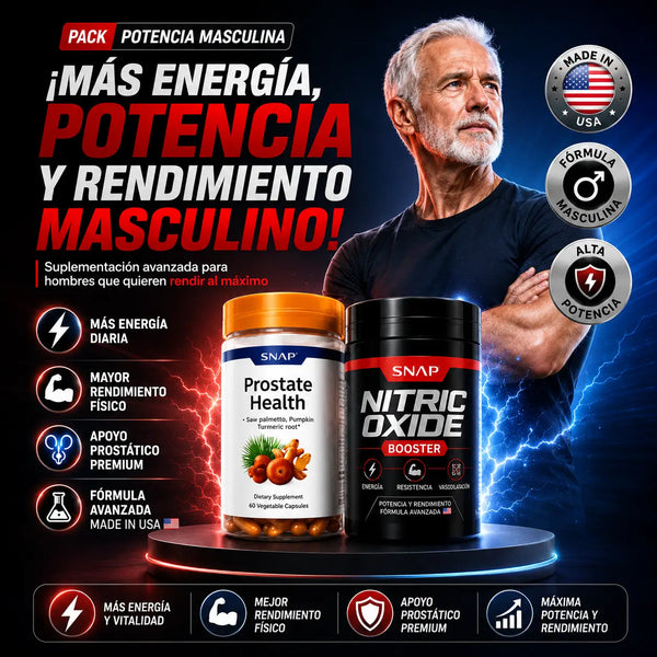 Detalle del tarro Prostat Health con Saw Palmetto y del tarro de Óxido Nítrico con L-arginina y L-citrulina