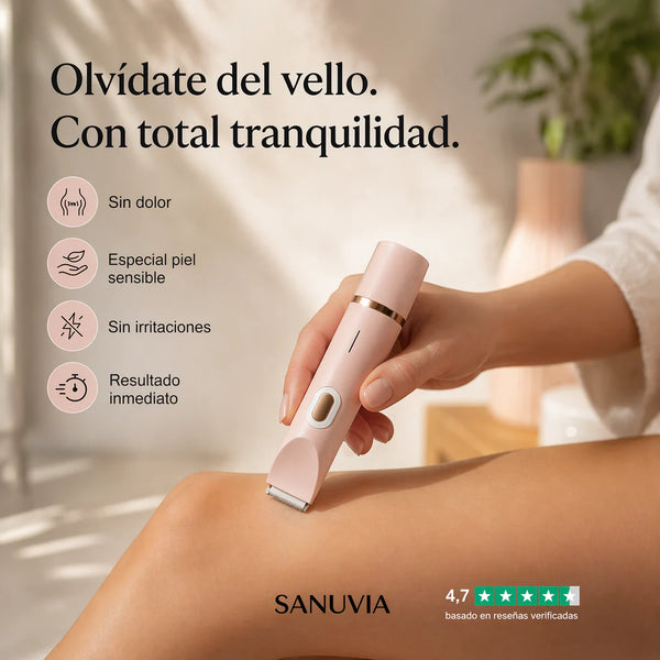 Depiladora 2 en 1 rosa metalizado con cuchilla de cerámica para zona íntima sobre fondo claro