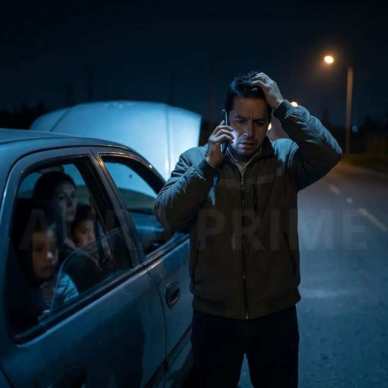 Conductor varado en carretera de noche esperando grúa con batería de carro descargada