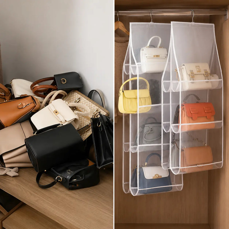 Antes: bolsos apilados en el piso del clóset / Después: los 8 bolsos colgados y visibles