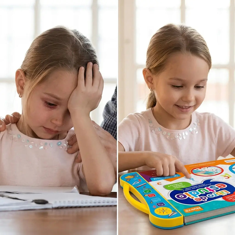 Antes: niño pegado a la tablet con berrinche / Después: el mismo niño presionando los dibujos del libro interactivo