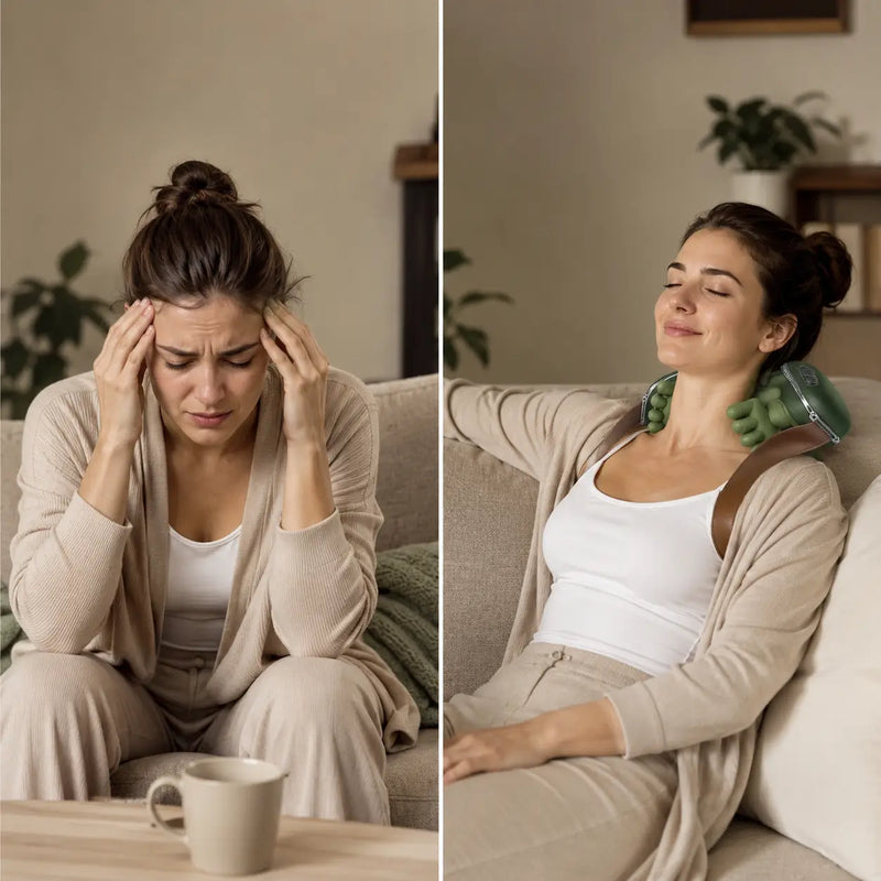 Antes: cuello rígido y hombros tensos. Después: cuello suelto y hombros relajados con el masajeador Shiatsu