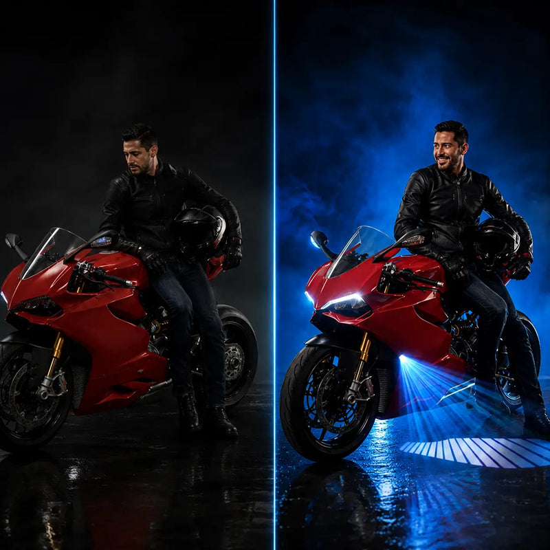 Antes: moto sin luces casi invisible de noche / Después: misma moto con alas proyectadas en el piso
