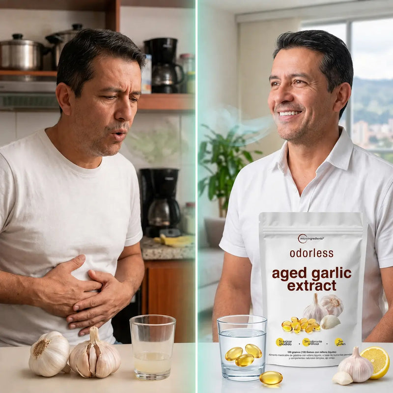 Antes: diente de ajo crudo y antiácido sobre la mesa / Después: una softgel diaria con el desayuno