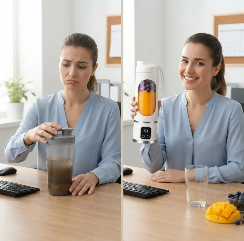 Antes: jugo de mango oscuro y separado después de seis horas en el portacomidas / Después: el mismo jugo recién licuado, amarillo y parejo, en el vaso de la licuadora portátil