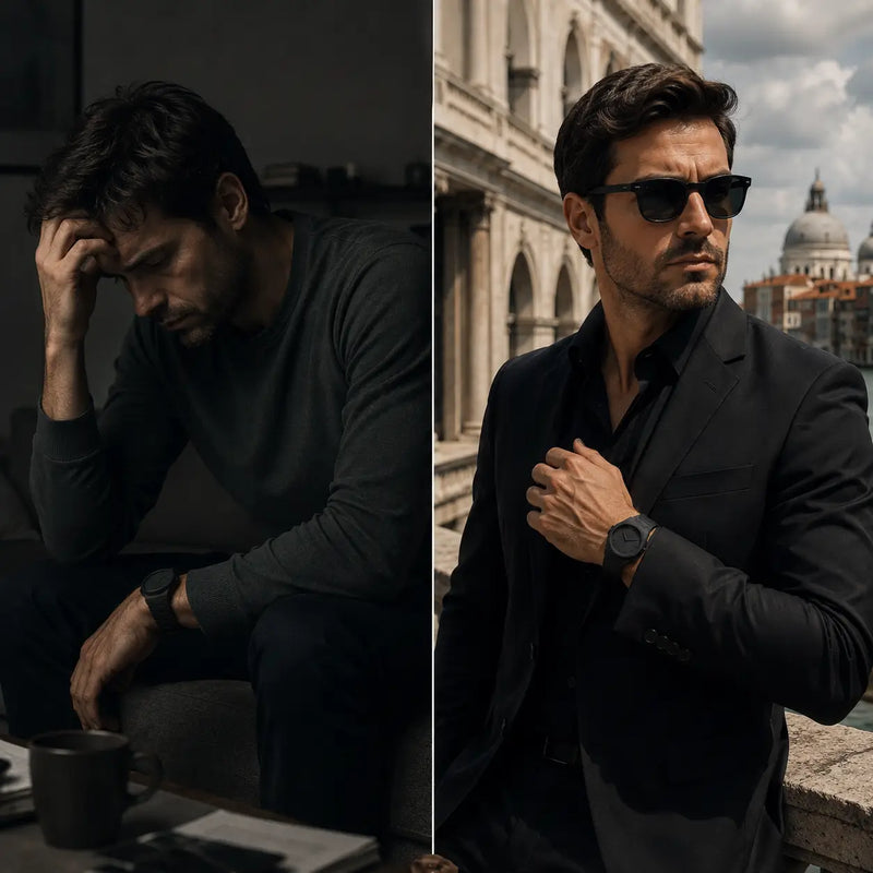 Antes: reloj redondo con correa cuarteada / Después: octagonal negro mate ajustado a la medida