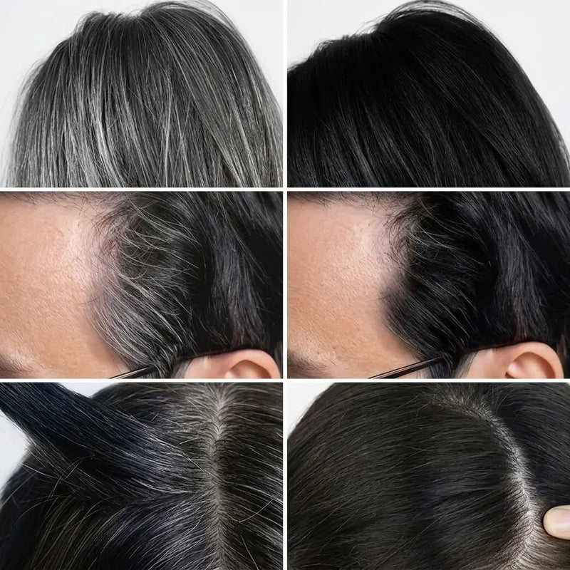 Antes: raíz con canas blancas visibles en la raya / Después: color parejo tras peinar con la barra