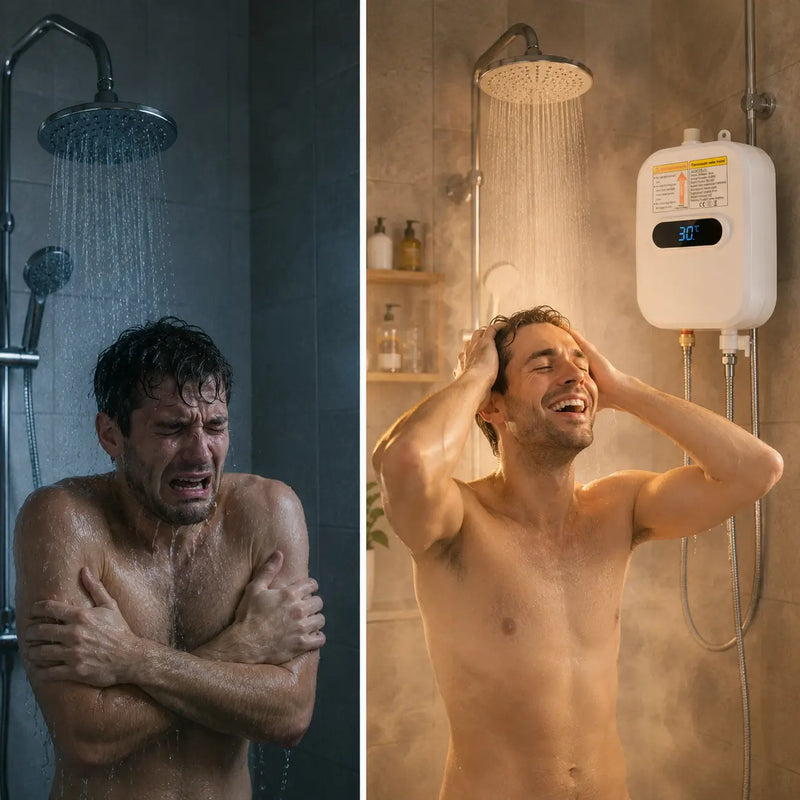 Antes: chorro de agua fría en la ducha / Después: agua caliente al instante con la ducha eléctrica LED