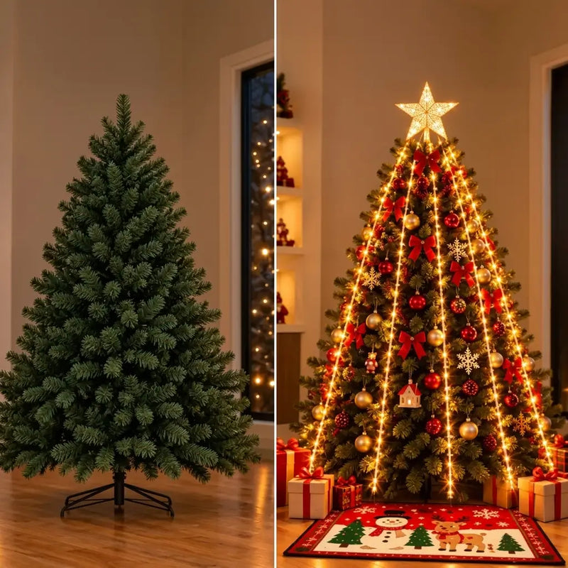Antes: árbol con luces enredadas y un lado oscuro / Después: árbol con cascada de luz pareja y base con tapete