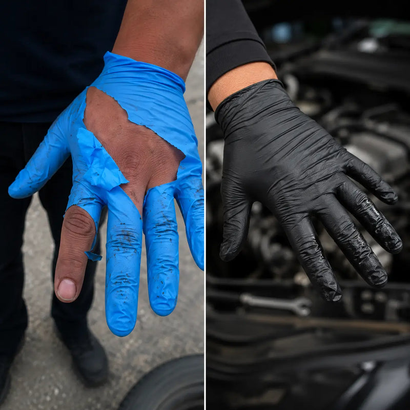 Antes: guante de examen delgado rasgado en el pulgar / Después: guante heavy duty intacto tras el mismo trabajo