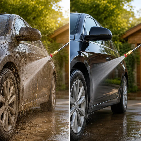 Botella generadora de espuma aplicando jabón sobre el capó de un carro en el parqueadero de la casa