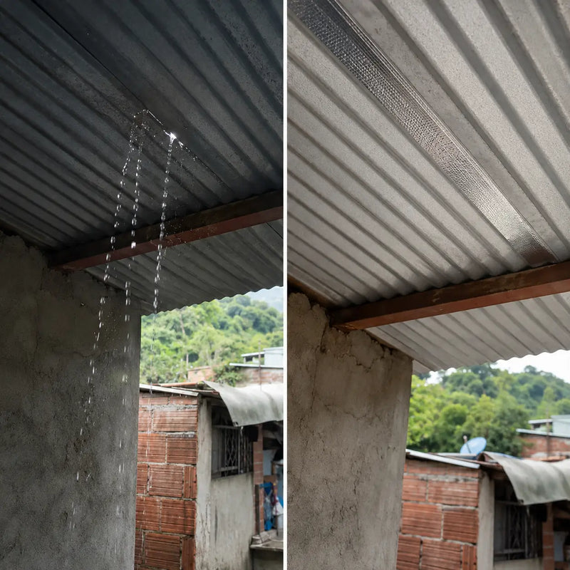 Antes: fisura del techo goteando sobre la habitación / Después: la misma unión sellada y seca