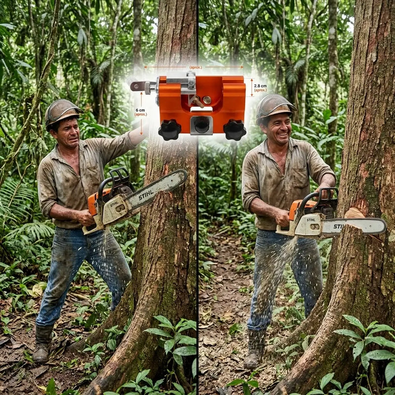 Antes: cadena desafilada que saca polvillo y quema la madera / Después: cadena afilada que saca viruta gruesa